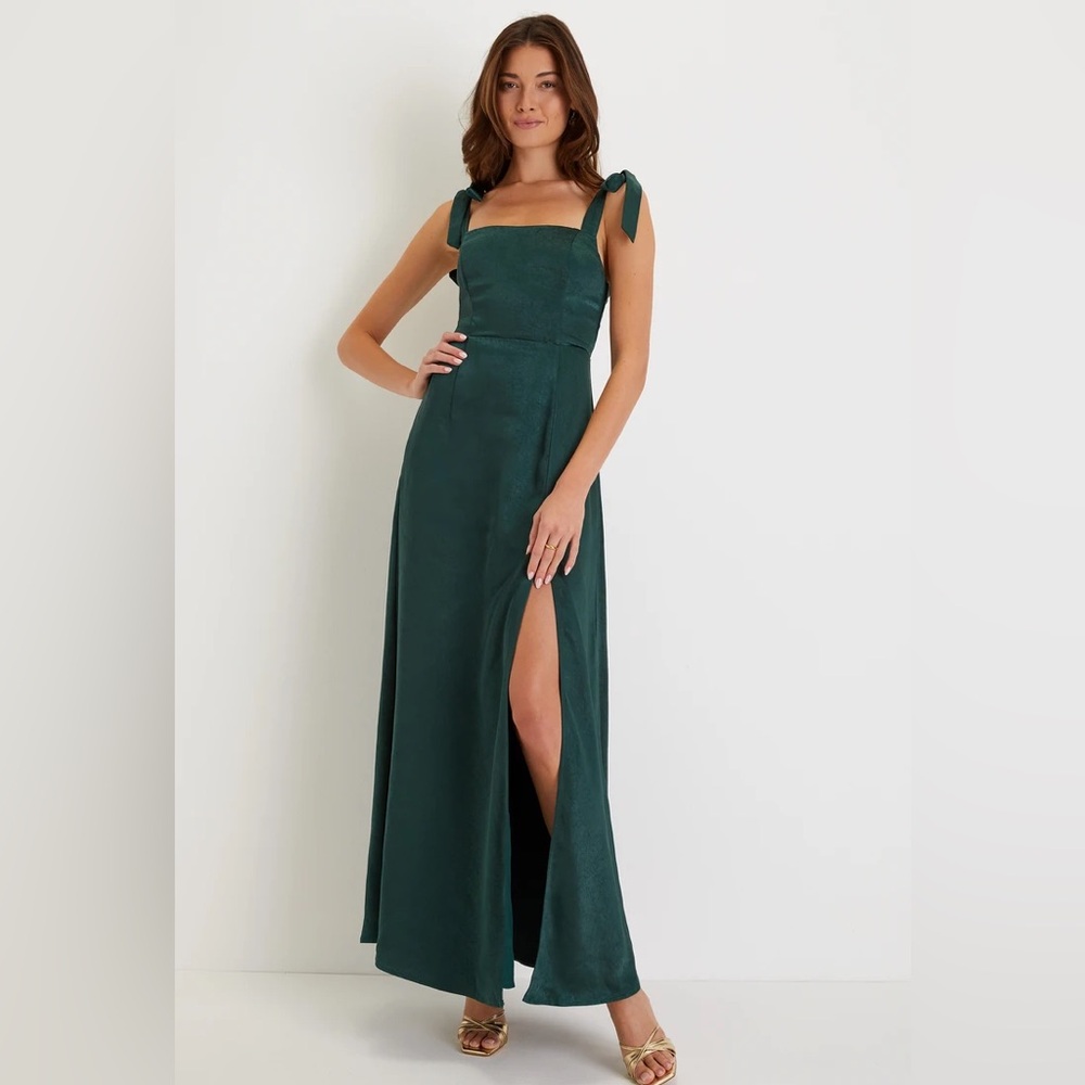 Lulu’s Green Satin Maxi Dress with Slit
